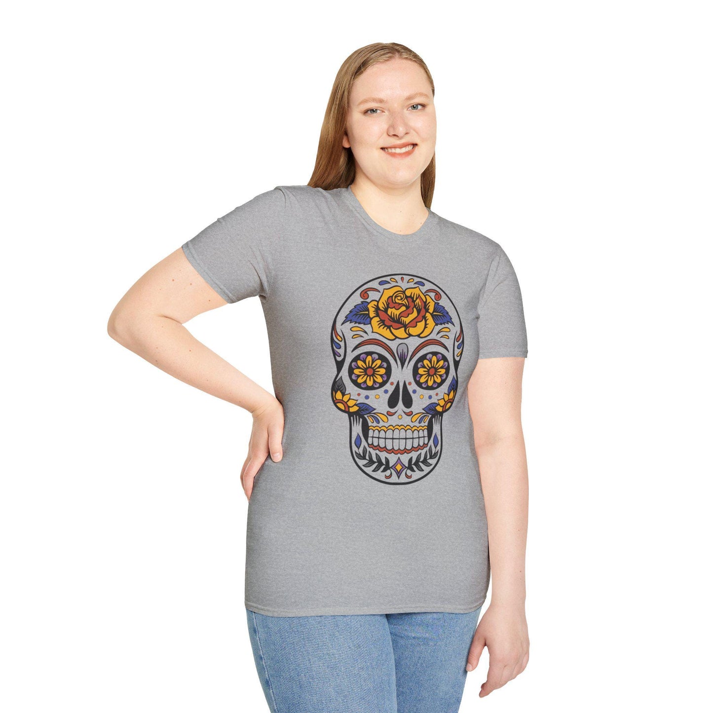 Skull Floral Unisex T-Shirt | Boho Tee, Day of the Dead Gift, Casual Wear, Festival Apparel, Vintage Style Shirt