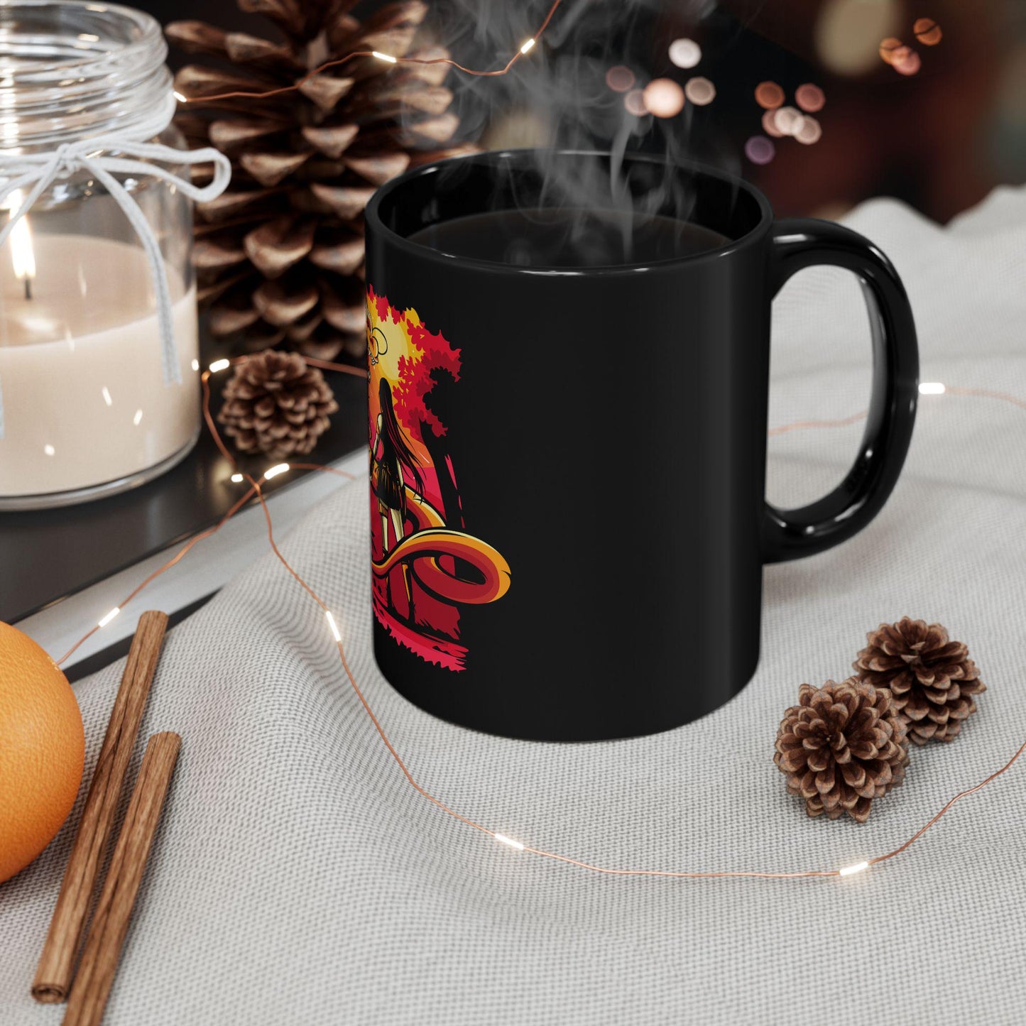 Dragon & Warrior Black Coffee Mug - Mythical Tea Cup, Unique Gift for Gamers, Fantasy Lovers, Art Collectors, Dragon Appreciation