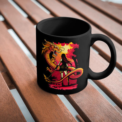 Dragon & Warrior Black Coffee Mug - Mythical Tea Cup, Unique Gift for Gamers, Fantasy Lovers, Art Collectors, Dragon Appreciation