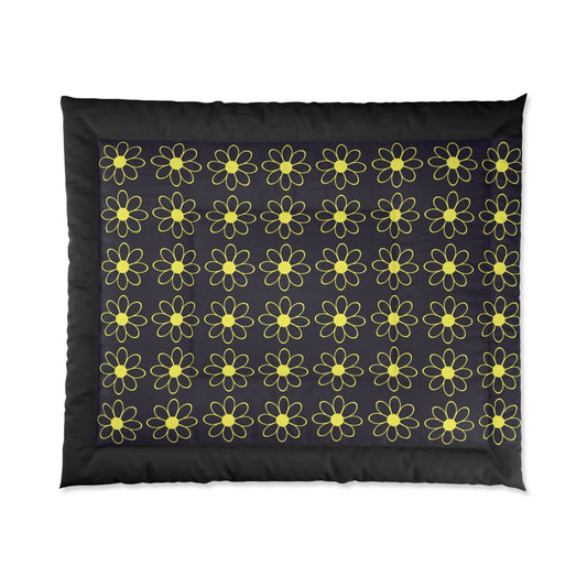 Royal Vintage look Floral Comforter, Cozy Bedroom Decor, Gift for Home, Flower Bedspread, Boho Bedding, Spring Décor, Black & Yellow Design