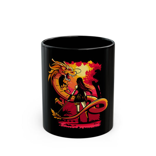 Dragon & Warrior Black Coffee Mug - Mythical Tea Cup, Unique Gift for Gamers, Fantasy Lovers, Art Collectors, Dragon Appreciation