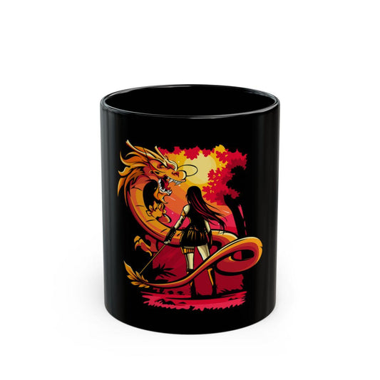 Dragon & Warrior Black Coffee Mug - Mythical Tea Cup, Unique Gift for Gamers, Fantasy Lovers, Art Collectors, Dragon Appreciation