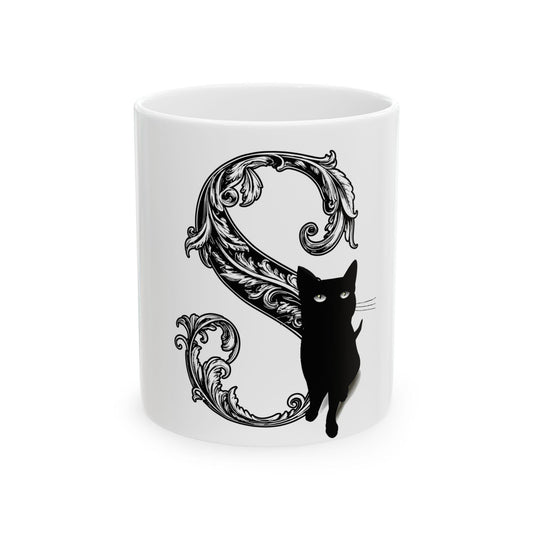 Cat with S Initial Ceramic Mug | Personalized Gift for Cat Lovers, Coffee Enthusiasts, Custom Name Mug, Tea Cup, Birthday Gift