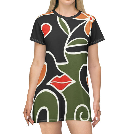 Premium Chic Abstract T-Shirt Dress, Boho Style Dress, Casual Summer Outfit, Unique Graphic Dress, Art Print Dress, Fashionable Gift Idea
