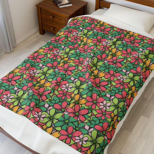 Colorful Floral Velveteen Plush Blanket, Soft Cozy Throw for Home Decor, Gift for Her, Perfect for Housewarming, Picnic, or Relaxation