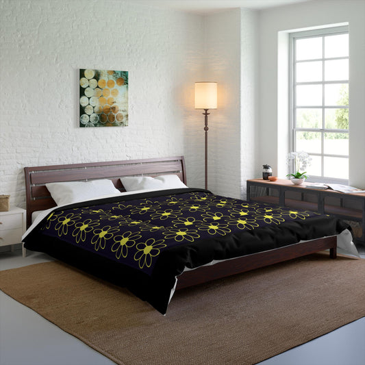 Royal Vintage look Floral Comforter, Cozy Bedroom Decor, Gift for Home, Flower Bedspread, Boho Bedding, Spring Décor, Black & Yellow Design